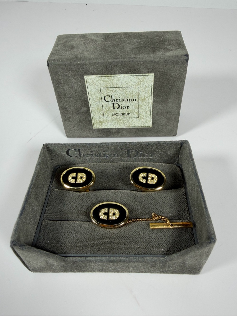 Vintage Christian Dior Monsieur Rhinestone CD Cufflinks & Tie Tack Set
